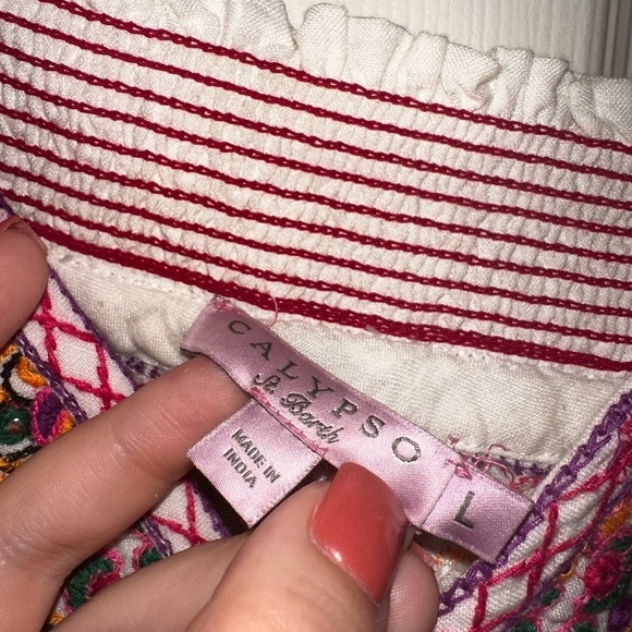 Calypso St. Barth women’s neon embroidered tassle linen top L bohemian beach - Picture 5 of 8